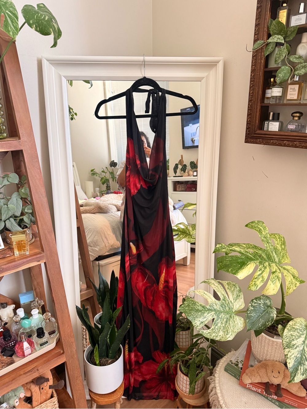 SHEIN Black Maxi Dress with Red Floral Print